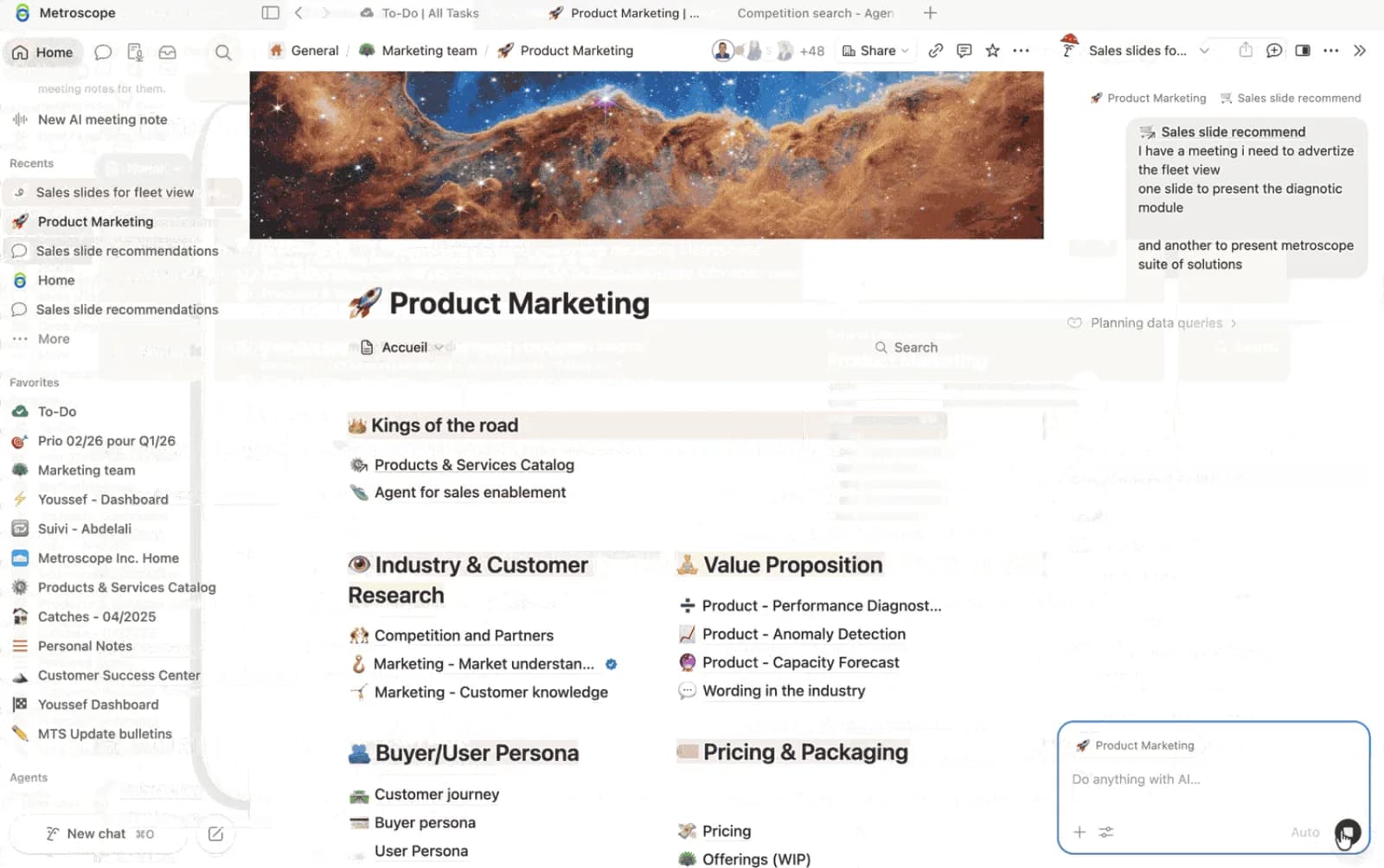 Notion Product Marketing workspace with a sales slide recommendation agent responding to a rep request.